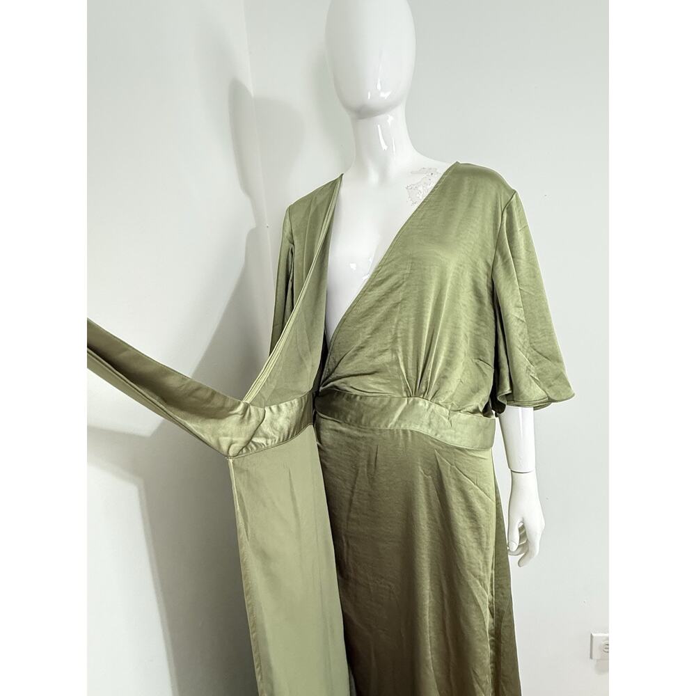 Six Stories Sage Green Satin Wrap Maxi Dress Women Uk 22 Flutter Sleeve Nwt $199 — image 8 of 8